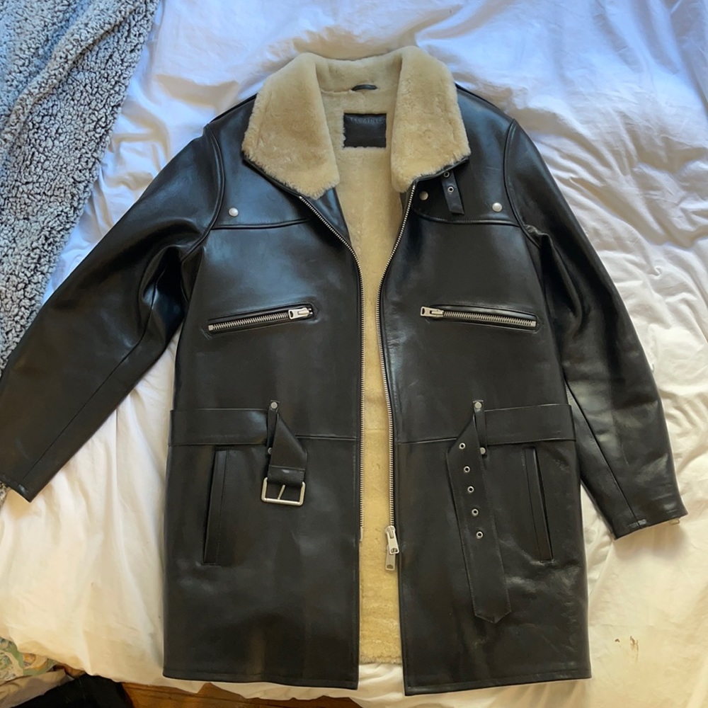 All Saints Black Trench Shearling Leather Jacket